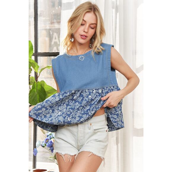 ADORA Flower Print Sleeveless Crew Neck Denim Contrast Peplum Silhouette Blouse - Picture 11 of 13